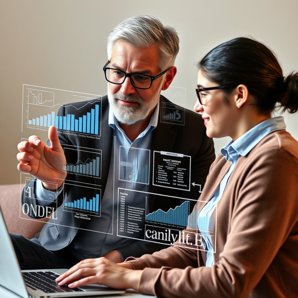 A photorealistic image of a mentor guiding a student through a complex business problem using a holographic projection. The mentor is experienced and knowledgeable, exuding confidence and wisdom. The student is engaged and eager to learn. The holographic projection displays data analytics and strategic planning, representing the complexities of online business. The lighting is soft and supportive, creating a sense of trust and collaboration. The overall style conveys guidance, expertise, and the value of mentorship in achieving entrepreneurial success.