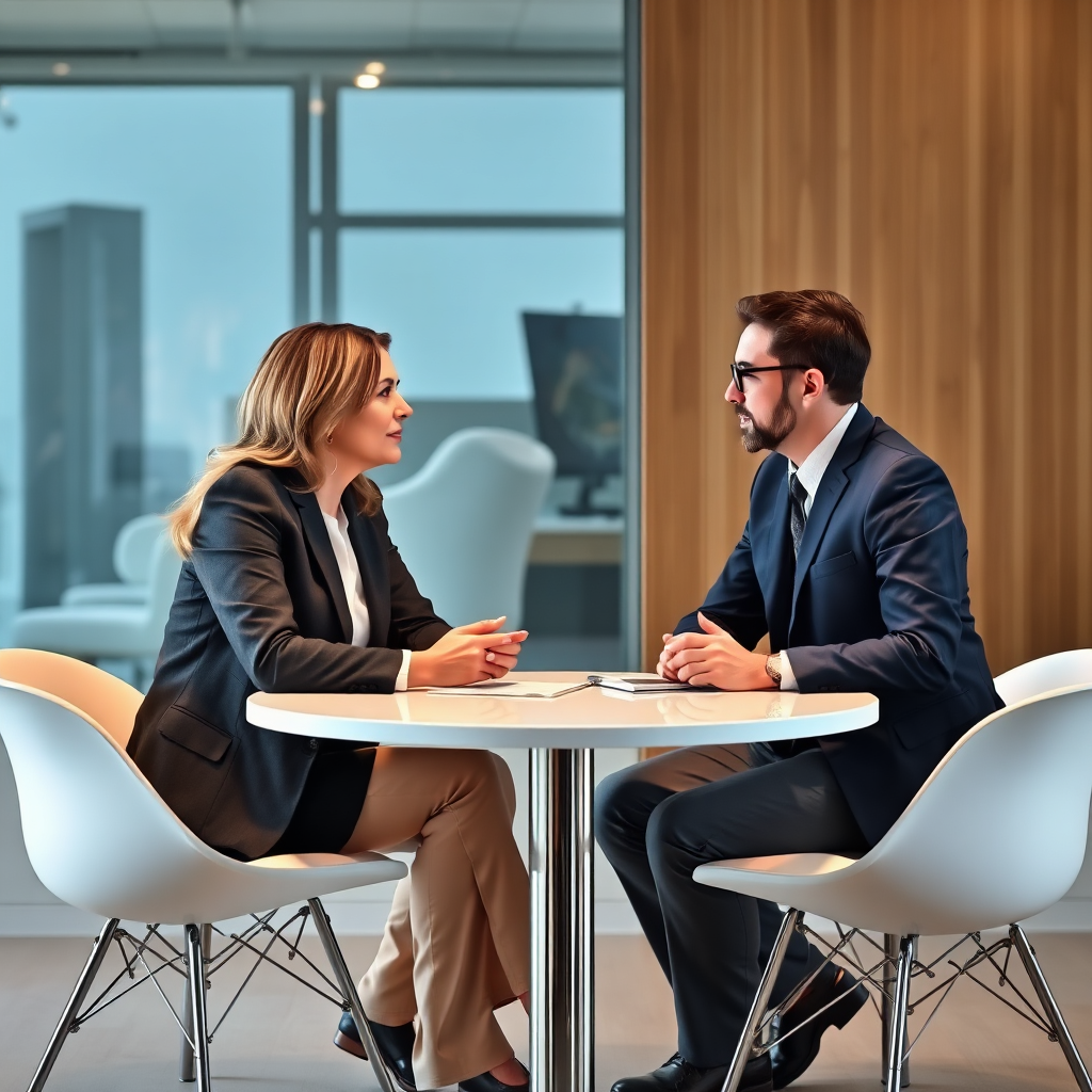 A photorealistic image of a mentor and mentee engaged in a one-on-one coaching session. They are sitting across from each other at a table, discussing business strategies and career goals. The mentor is providing guidance and support, while the mentee is listening attentively. The overall style conveys expertise, guidance, and the value of personalized mentorship.