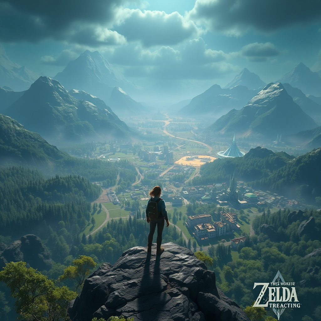 A photorealistic image of a person standing at the edge of a vast, unexplored 3D landscape, with a sense of anticipation and excitement. The landscape is filled with diverse environments, from lush forests to towering mountains to futuristic cities. The lighting is dramatic and atmospheric, creating a sense of adventure and discovery. Style reference: Open-world video game, inspired by 'The Legend of Zelda: Breath of the Wild'.