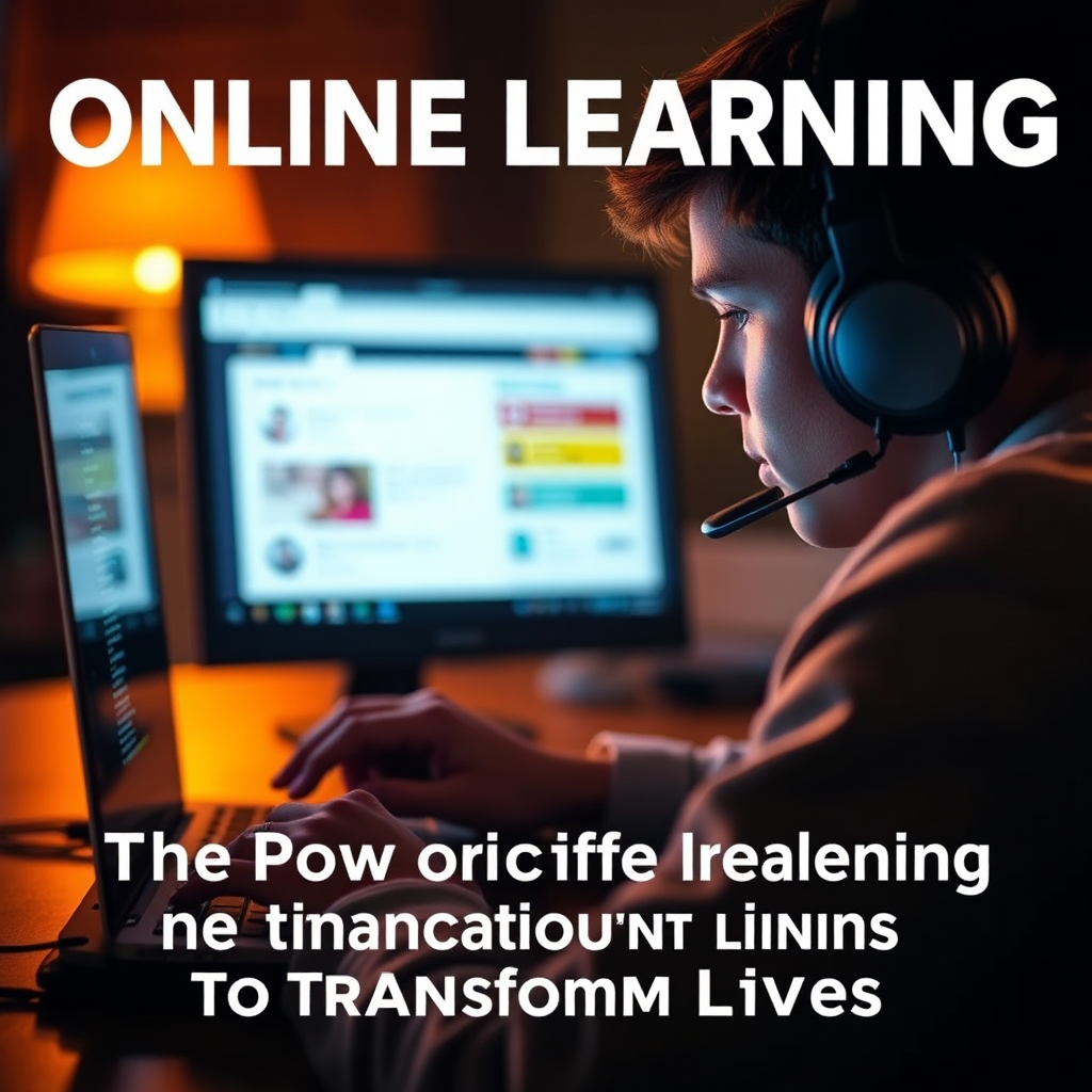 A photorealistic image of a student wearing headphones and intensely focused on a laptop screen. The laptop displays an engaging online course interface with interactive elements. The lighting is warm and inviting, creating a sense of immersion and concentration. The overall style conveys accessibility, engagement, and the power of online learning to transform lives.