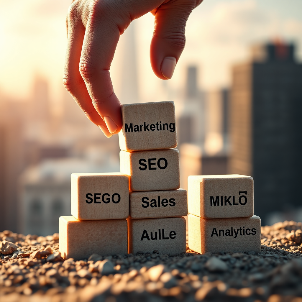 A photorealistic image of a strong foundation being built from digital blocks. The blocks represent key elements of a business, such as 'Marketing', 'SEO', 'Sales', and 'Analytics'. A determined hand is carefully placing the blocks, creating a stable structure. The lighting is warm and optimistic, suggesting a bright future. The background is a blurred cityscape, symbolizing the vast opportunities available in the digital world. The overall style conveys stability, growth, and the importance of a solid foundation for online business success.
