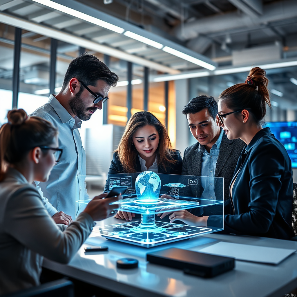 A photorealistic image of a team of 3D designers collaborating on a virtual website design using advanced holographic interfaces. The design is visually stunning and interactive. The setting is a modern, collaborative workspace. Lighting is professional and conducive to creative work. The scene conveys innovation and expertise.