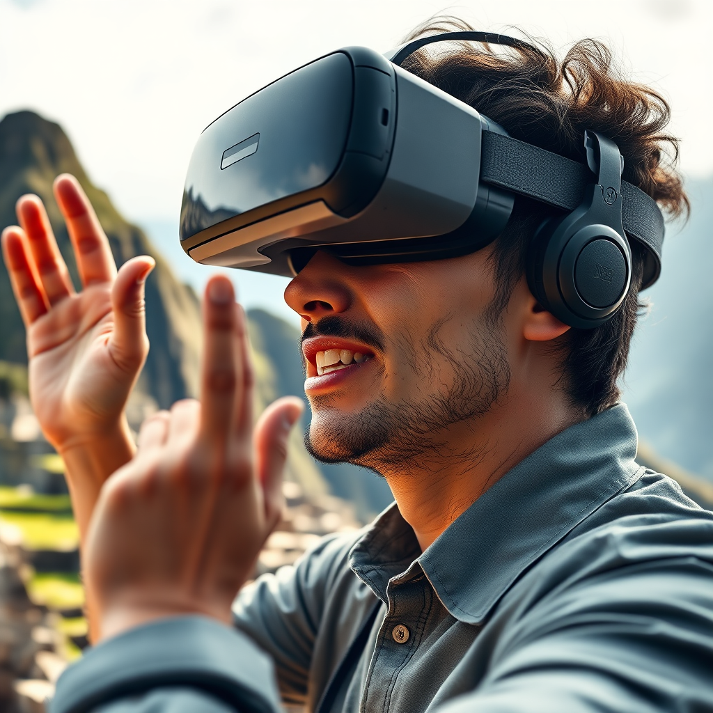  A photorealistic image of a user wearing a VR headset, fully immersed in a detailed 3D recreation of a famous historical location, like Machu Picchu. The user is reaching out to touch a virtual artifact, and their expression is one of awe and wonder. The lighting is realistic, mimicking the natural light of the location. The camera angle is a close-up, focusing on the user's face and the details of the VR headset. Style reference: Realistic VR experience, inspired by travel documentaries.