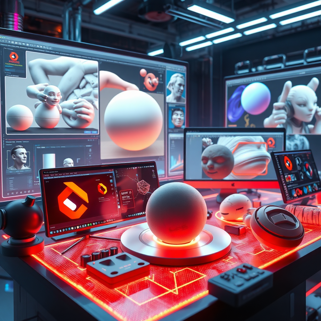A photorealistic image showcasing a variety of 3D modeling and design tools, including sculpting software, texture painting programs, and animation editors. The tools are displayed on a futuristic holographic workstation. The lighting is dynamic and energetic, highlighting the power and versatility of the tools. The camera angle is a close-up, showcasing the details of the tools and the holographic display. Style reference: 3D design software interfaces, inspired by Blender and Maya.