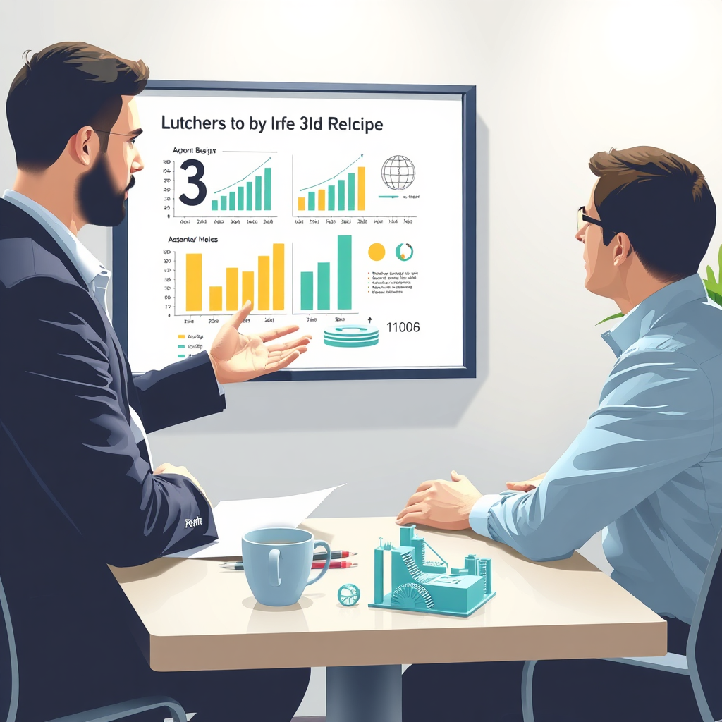 A stylized image depicting a business consultant explaining the benefits of 3D technology to a client using a clear, visually appealing presentation. The presentation includes graphs, charts, and 3D models. The atmosphere is professional and trustworthy. Lighting is soft and encouraging.