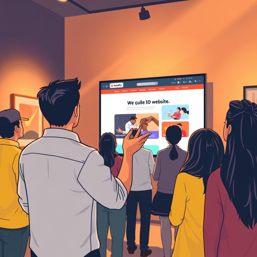 A stylized image depicting a person proudly presenting their newly created 3D website to a group of enthusiastic visitors. The website is displayed on a large screen, and the visitors are captivated by the experience. The lighting is warm and inviting, creating a sense of community and excitement. Style reference: Art gallery opening, inspired by social media sharing.