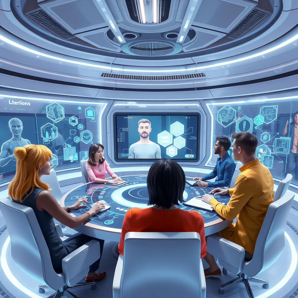  A stylized image depicting several avatars of diverse appearances interacting in a futuristic 3D virtual meeting space. The space is filled with holographic displays and interactive elements, and the avatars are engaged in lively conversation and collaboration. The lighting is bright and dynamic, creating a sense of energy and excitement. The camera angle is a wide shot, capturing the entire meeting space and the interactions between the avatars. Style reference: Futuristic meeting spaces, inspired by science fiction movies.