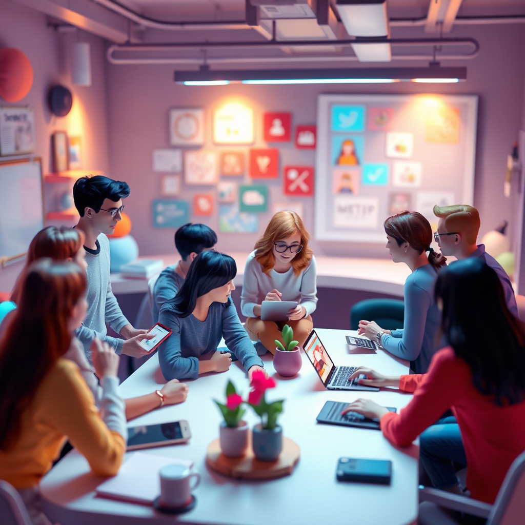 A stylized image of a diverse group of people collaborating and sharing ideas in a vibrant 3D virtual community space. The space is filled with interactive elements and opportunities for connection. The lighting is warm and inviting, creating a sense of belonging and support. Style reference: Online community forum, inspired by Discord and Reddit.
