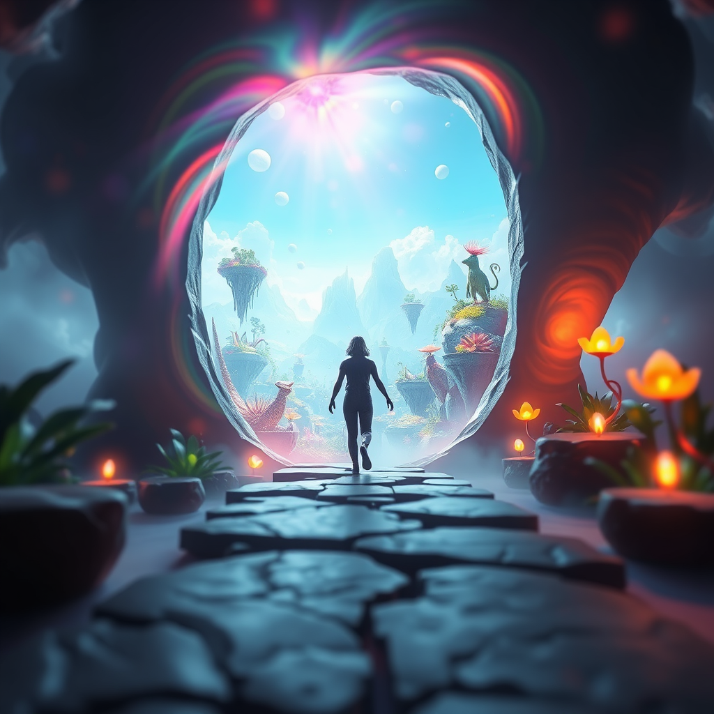  A stylized image of a person stepping through a shimmering portal into a vibrant, surreal 3D landscape. The portal is swirling with colors, and the landscape beyond is filled with floating islands, glowing plants, and fantastical creatures. The lighting is soft and ethereal, creating a sense of wonder and mystery. The camera angle is a low angle, emphasizing the scale of the landscape and the person's sense of adventure. Style reference: A blend of fantasy and science fiction, inspired by the movie 'Avatar' .
