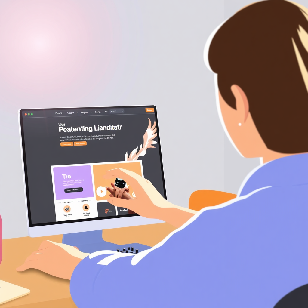A stylized image of a person using a simple, drag-and-drop interface to create a 3D website. The interface is clean and intuitive, with easy-to-understand icons and labels. The website being created is visually appealing and engaging. The lighting is bright and optimistic, creating a sense of empowerment and creativity. Style reference: User-friendly design software, inspired by Canva and Wix.