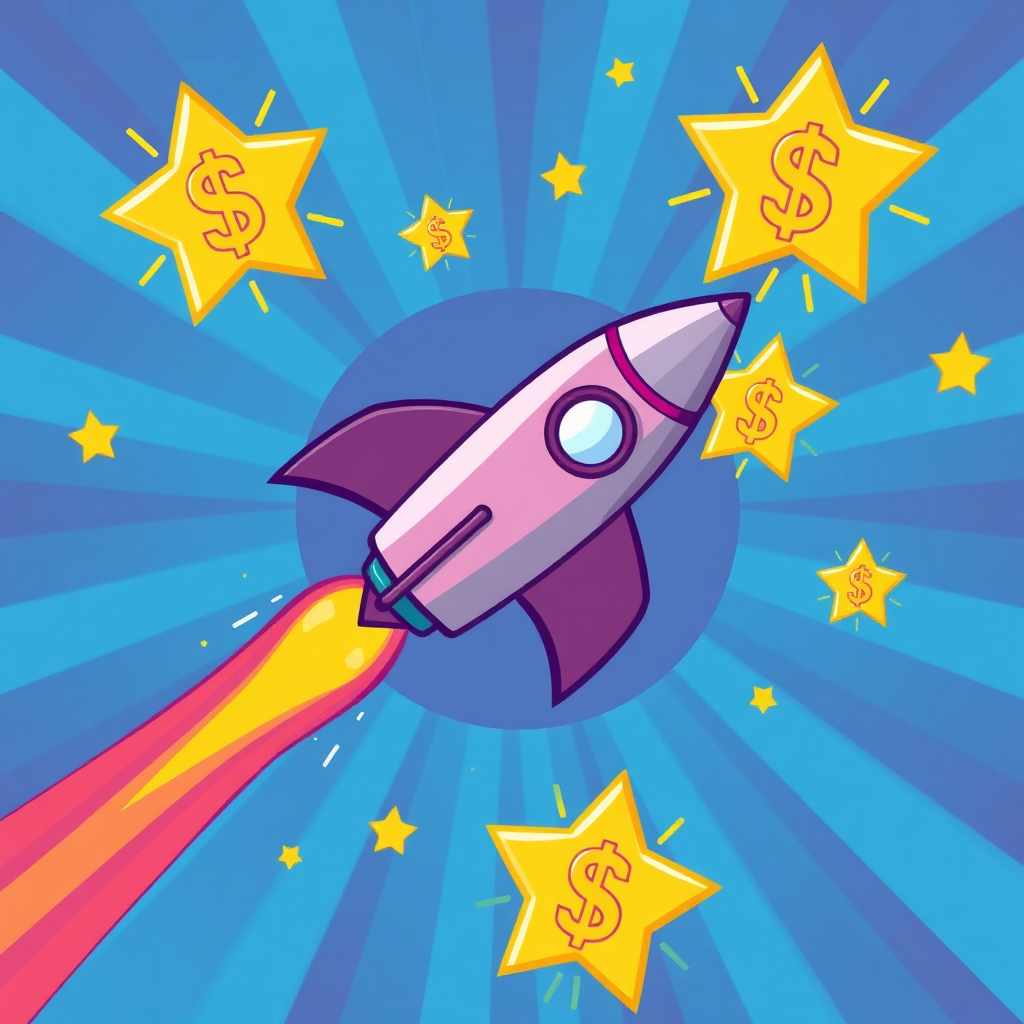 A stylized image of a rocket ship soaring through a vibrant, starry sky. The rocket represents a business rapidly growing and achieving new heights. The stars are shaped like dollar signs, symbolizing financial success. The color palette is bright and energetic, with blues, purples, and golds creating a sense of wonder and excitement. The overall style conveys innovation, ambition, and the limitless possibilities of online business growth. Consider a slightly cartoonish, yet sophisticated, aesthetic.