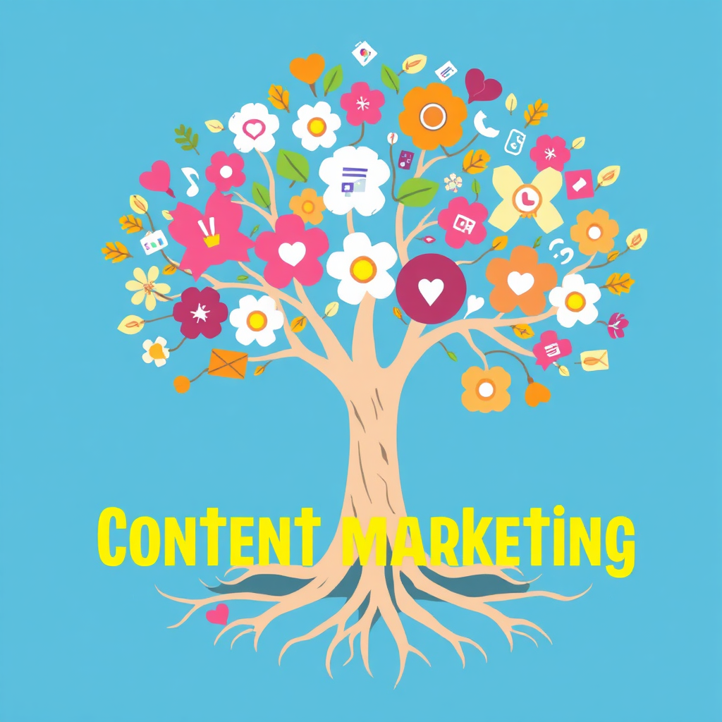 A stylized image representing content marketing as a flowering tree. Each branch of the tree represents a different type of content (blog posts, videos, social media updates, etc.). The flowers are shaped like engagement icons (likes, shares, comments). The roots of the tree are deep and strong, symbolizing the foundation of a solid content strategy. The overall style conveys creativity, growth, and the power of content to nurture relationships with customers.