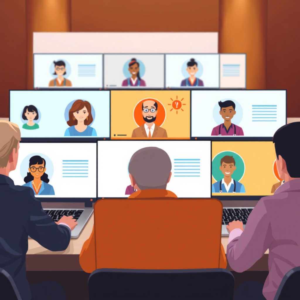 A vibrant image capturing an online forum or networking event. Multiple users are interacting through their laptop screens displaying profiles and exchanging ideas. The scene should evoke a sense of connection and community, showing support and collaborative interaction between members. Consider using bright, appealing icons for the virtual elements.