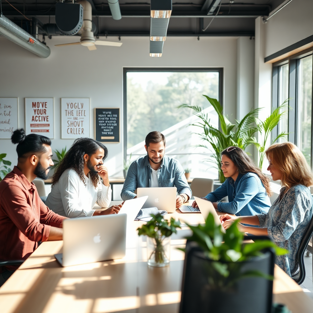 An image showing a diverse group of entrepreneurs collaborating in a modern, bright co-working space. They're gathered around a table, with laptops open, exchanging ideas and participating actively in discussions. Natural light fills the room, creating an atmosphere of collaboration and mutual growth. Include motivational posters and plants in the background to represent a nurturing environment.