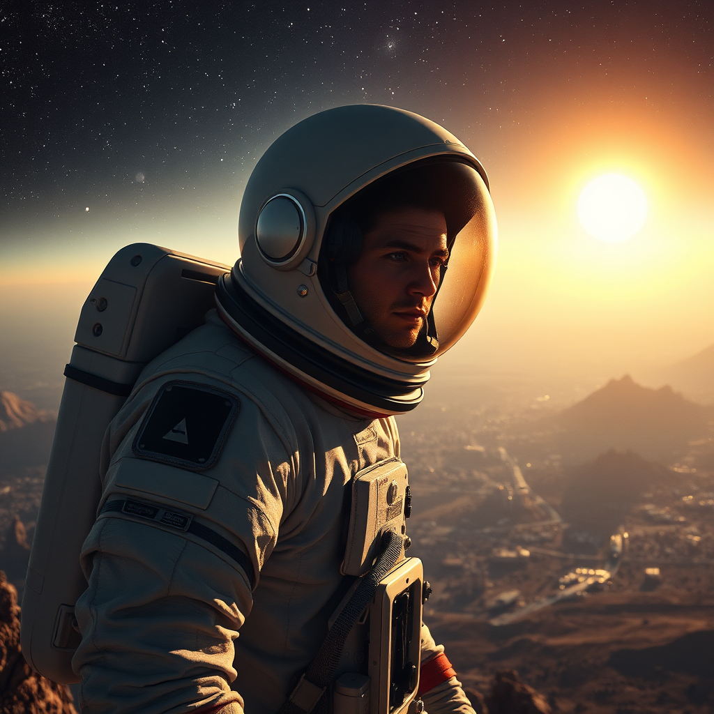 An explorer with an astronaut appearance, with his back to the camera. In the background, he looks at the metaverse environment, vast, with a disruptive and at the same time beautiful view of an innovative metaverse, with a mixture of cities and entire constellations.