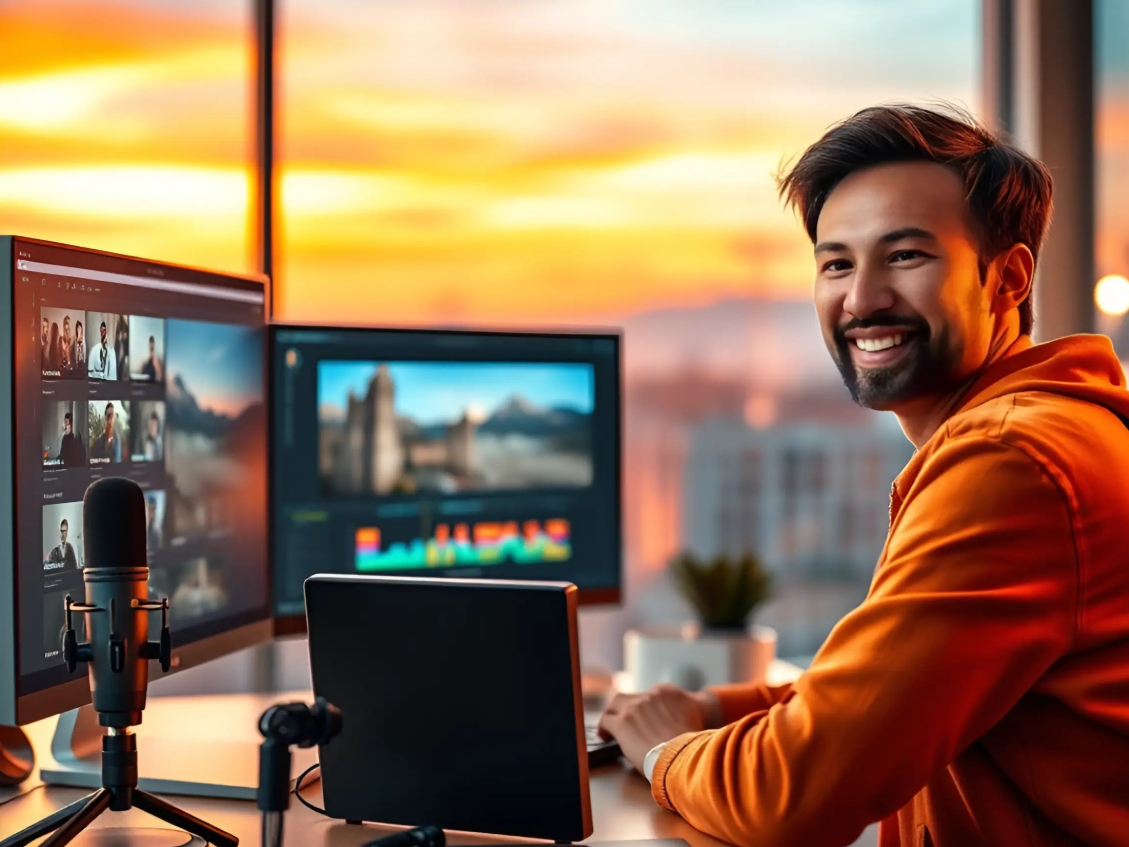 A hyperrealistic, 8K resolution header image for "IT Inzhener", an online store specializing in tools for video creation and monetization. The scene features a warmly lit, modern workspace. A young, creative individual (male or female, 20s) is smiling while interacting with advanced video editing software on a large monitor. To the left, a collection of stylishly packaged video creation tools (microphone, camera, lighting) are arranged neatly. The background shows a blurred cityscape at twilight, suggesting endless possibilities. The color palette emphasizes warm oranges, blues, and teals. The camera angle is slightly low, looking up at the individual, conveying empowerment. Include subtle details like light flares, fabric textures, and reflections. The overall mood is optimistic and inspiring. Style reference: blend of Apple product photography and professional video editing tutorial thumbnails. The products must look unique to the store.