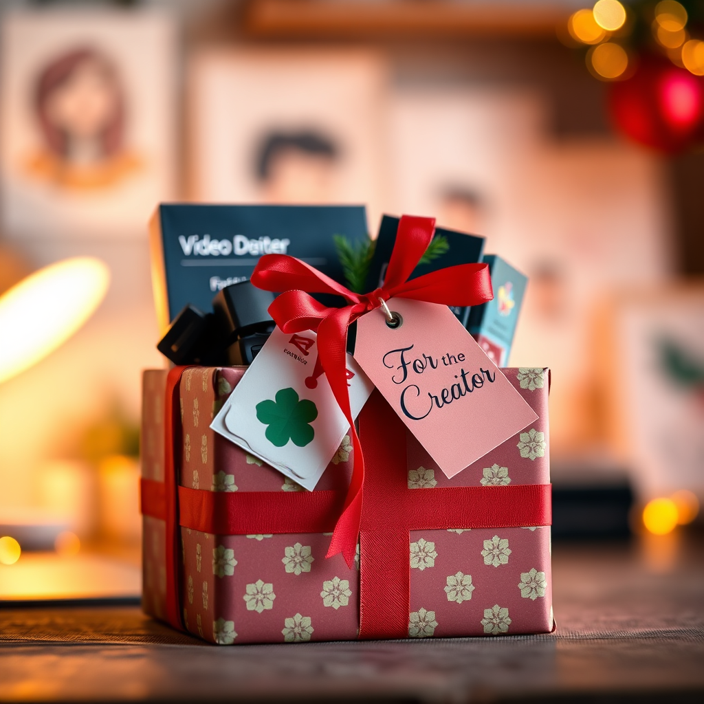 A beautifully wrapped gift box containing video creation tools. The box is tied with a ribbon and adorned with a tag that says "For the Creator". The background is a soft, blurred image of a creative workspace. The lighting is warm and inviting, highlighting the details of the gift box. The color palette is festive and celebratory, using reds, greens, and golds.