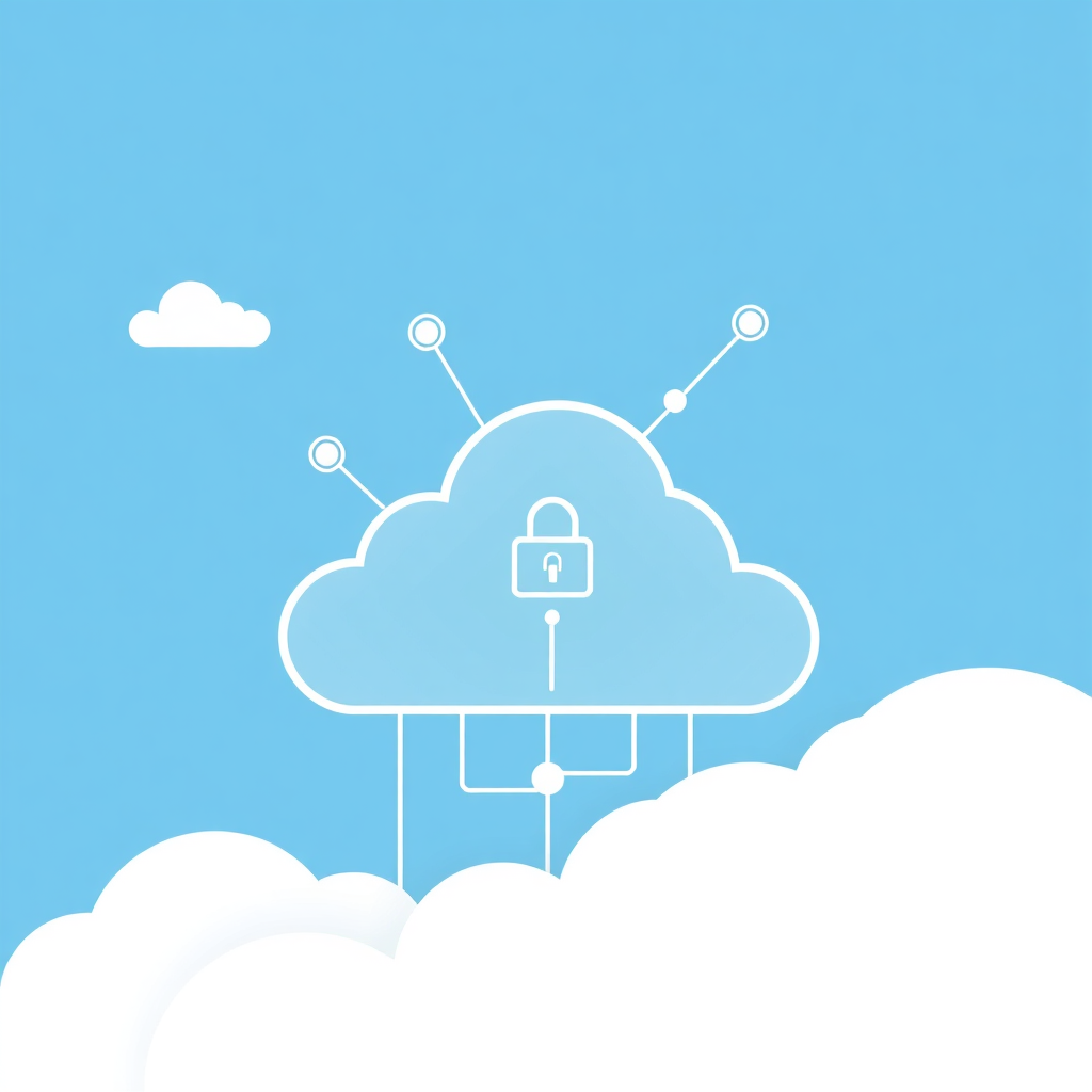 A clean, stylized illustration representing cloud computing with interconnected nodes symbolizing data flow and security. Use a vibrant blue and white color scheme with subtle gradients and depth.