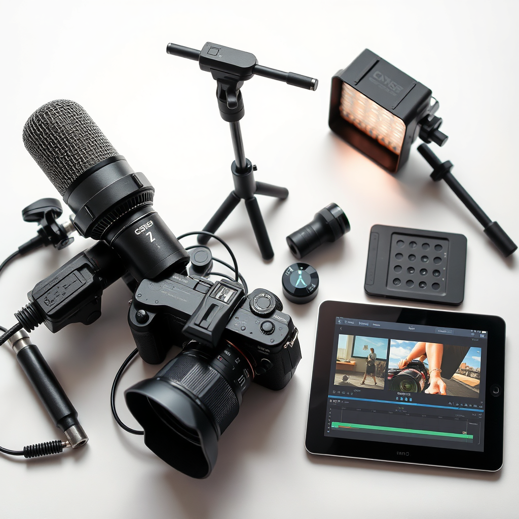  A close-up, high-quality shot of various video creation tools arranged artfully on a clean surface. These tools include a high-end microphone, a professional camera, a lighting kit, and a tablet displaying video editing software. The lighting is soft and diffused, highlighting the details and textures of each tool. The color palette is neutral and sophisticated, with accents of silver and black. The composition is clean and balanced, emphasizing the quality and craftsmanship of the tools. The tools must look unique to the store.