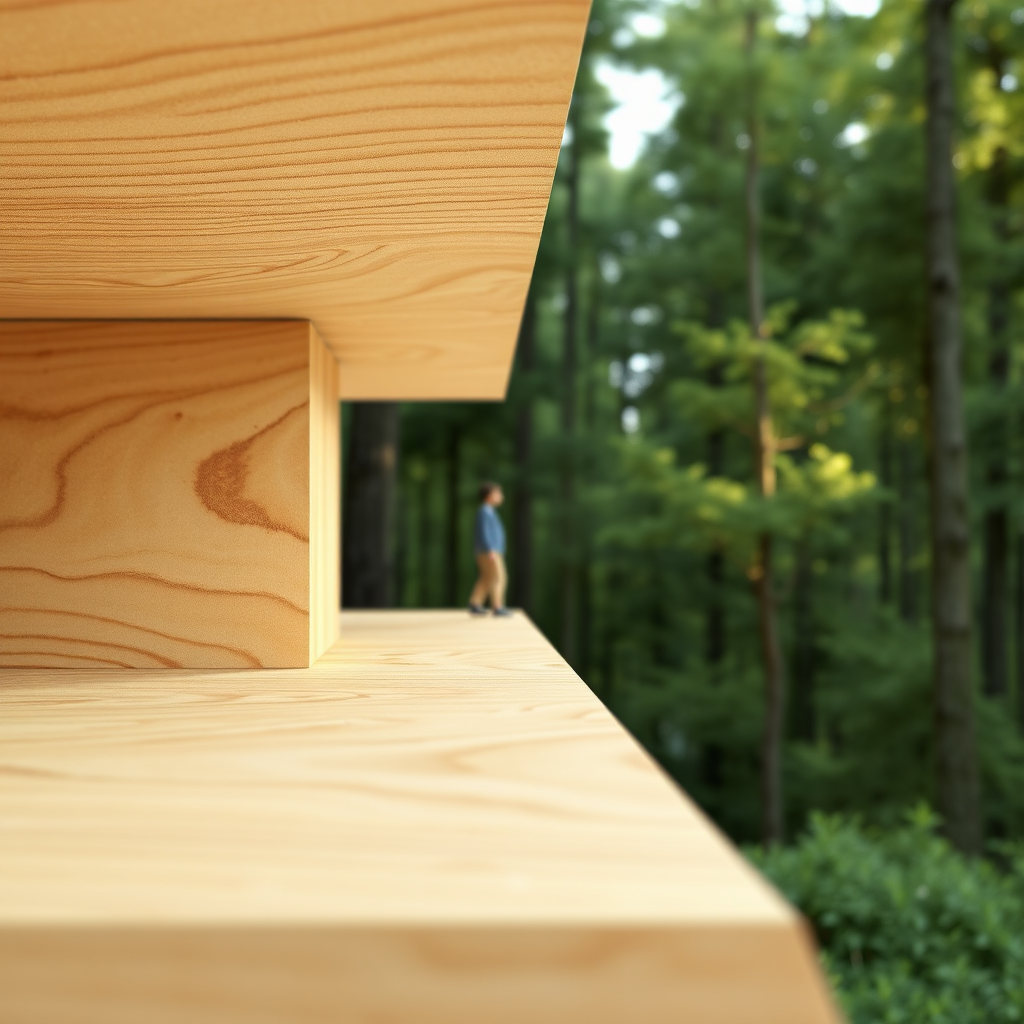 A close-up shot of SIP panels showing their natural, wood-based composition. Highlight the sustainable materials and eco-friendly manufacturing process. The background should subtly feature a lush forest, symbolizing the connection to nature. Use a warm, natural color palette and soft lighting to convey a sense of purity and sustainability. Photorealistic rendering with emphasis on texture details of the wood and other materials.