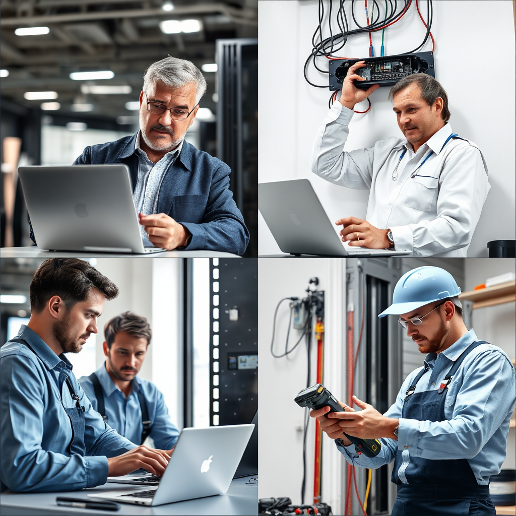 A composite image showcasing a team of IT Инженер specialists working on different aspects of voltage stabilizer installation and maintenance. One specialist is consulting with a client, another is installing a stabilizer, and a third is performing maintenance. The lighting is bright and clear. The color palette is professional and trustworthy. The camera angle is wide, capturing the entire team. Style: Collaborative, professional, and comprehensive. Props include laptops, tools, and voltage stabilizers. The environment is a modern office setting. Focus on conveying expertise and teamwork.