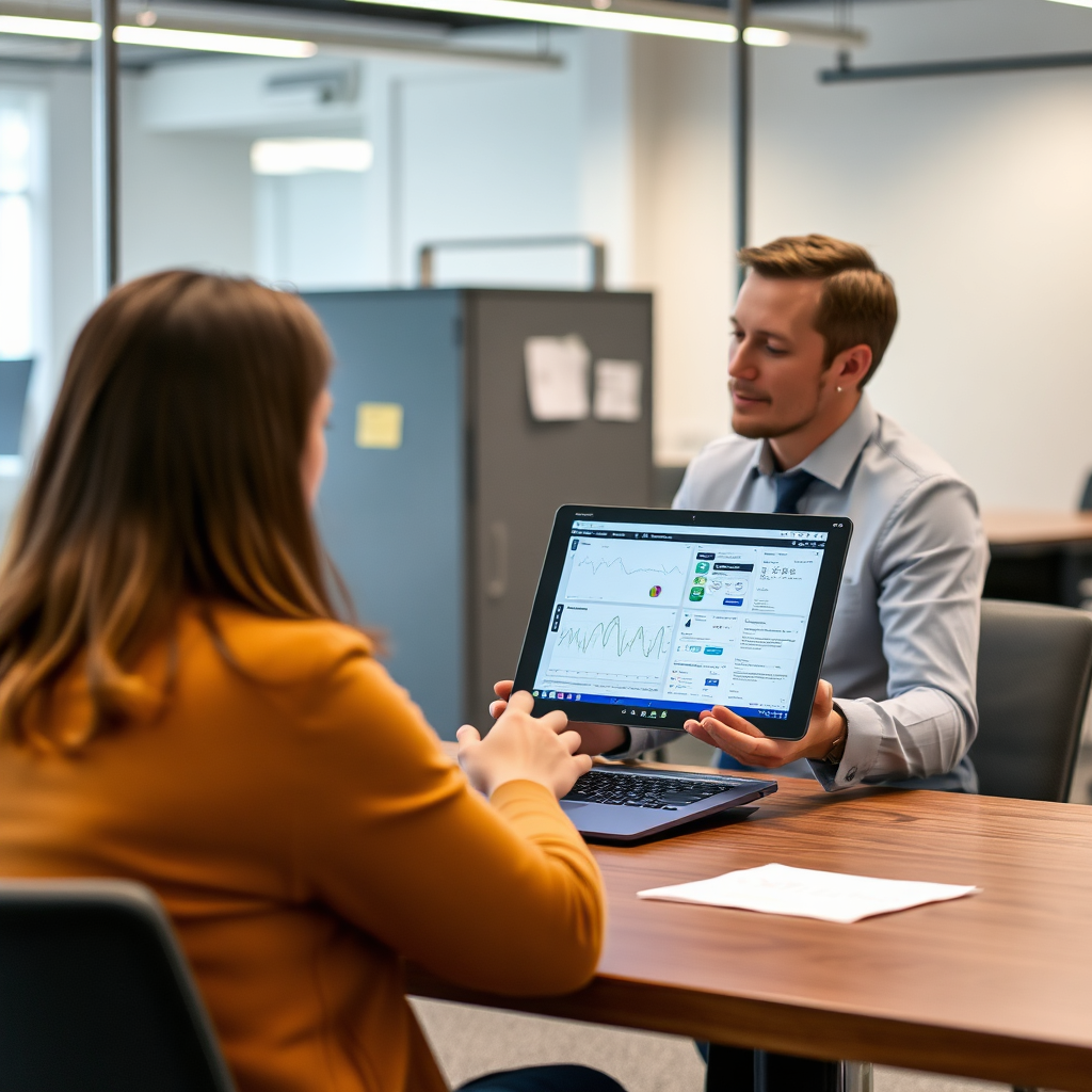 A consultant discussing voltage stabilization options with a client. The consultant is using a laptop to present data and diagrams. The environment is a modern office setting. The image should convey trustworthiness and expertise.