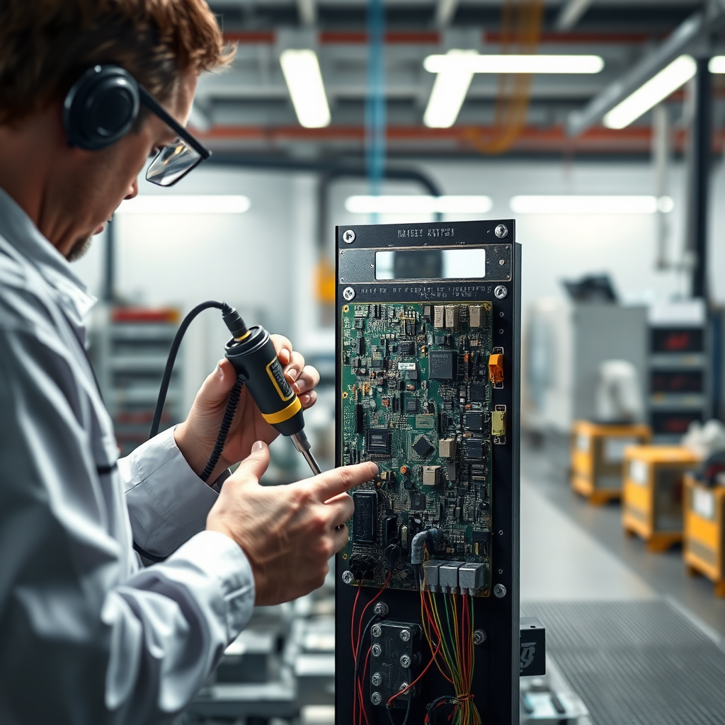 A detailed inspection scene of a SIP panel. A quality control expert is using instruments to check the panel's integrity. The lighting should be focused and precise. The background shows a clean and organized manufacturing environment. The image should convey a sense of meticulousness and attention to detail. Photorealistic rendering with emphasis on texture and material details.