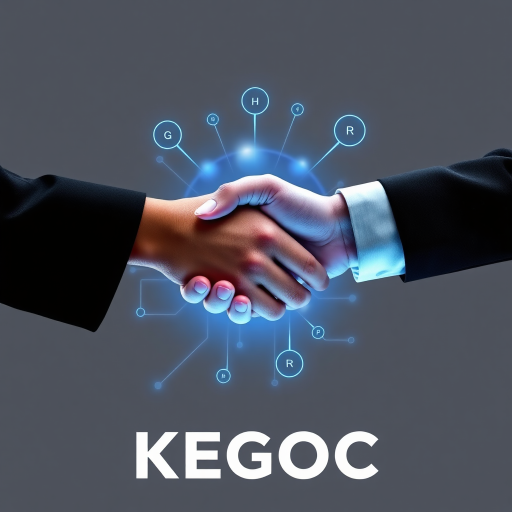 A digital handshake between KEGOC and the IT Inzhener system, symbolizing compliance and partnership. Use a professional and trustworthy visual style.