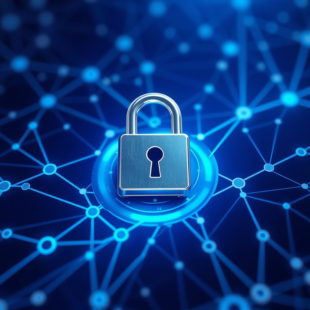 A digital lock icon overlaid on a network diagram, symbolizing data security and encryption. Use a futuristic, high-tech visual style with a blue and silver color palette.
