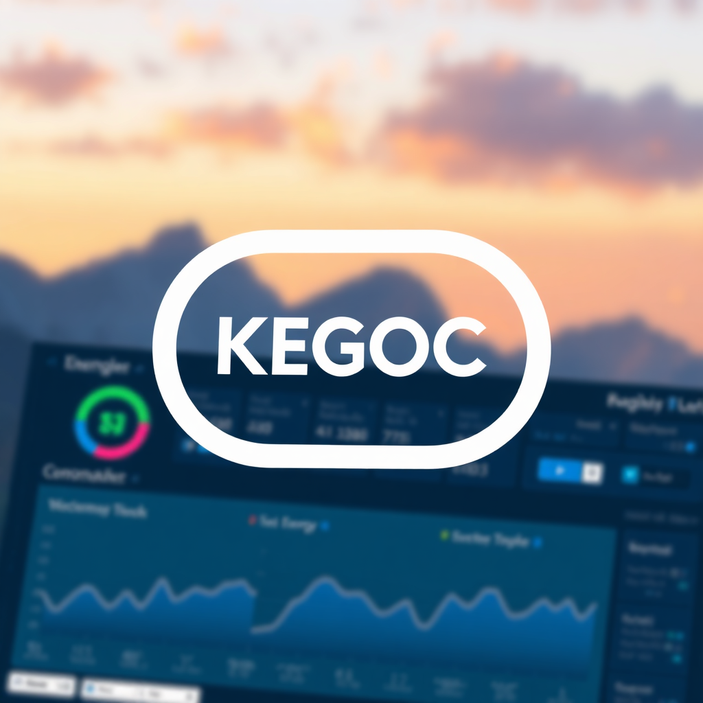 A digital representation of KEGOC's logo seamlessly integrated with a dashboard displaying energy consumption data. Use a professional and trustworthy visual style.