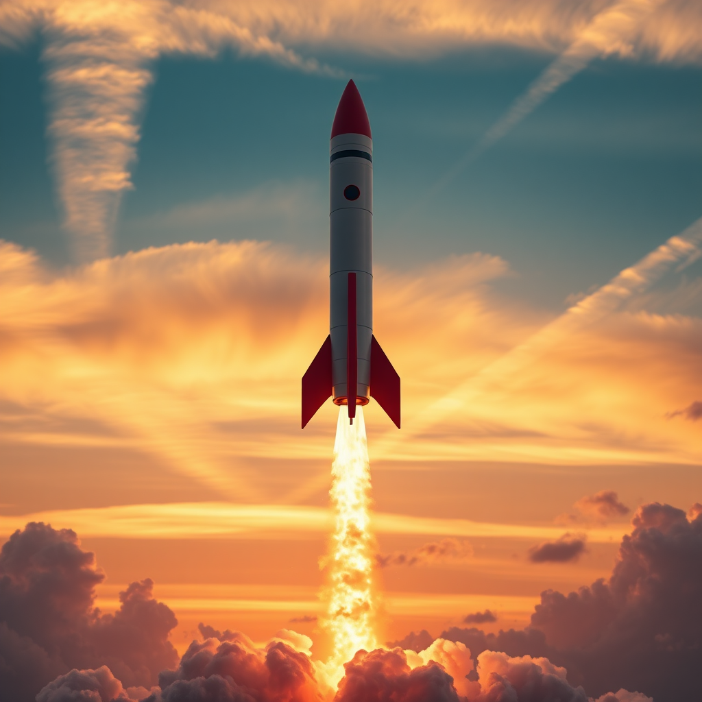 A dynamic, photorealistic image of a rocket launching into the sky. The background is a vibrant sunset with clouds streaking across the sky. The rocket is leaving a trail of smoke and fire, symbolizing rapid growth and acceleration. Warm, energetic lighting. Ultra-high resolution, 8K quality.