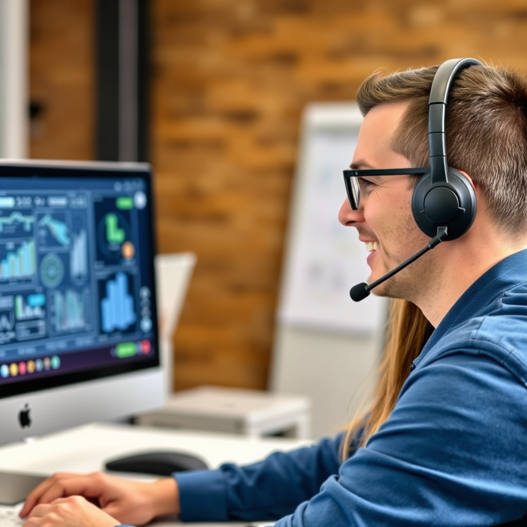 A friendly IT support agent assisting a customer via video call. Headset is on, screen is showing technical diagrams. The scene is bright and helpful.