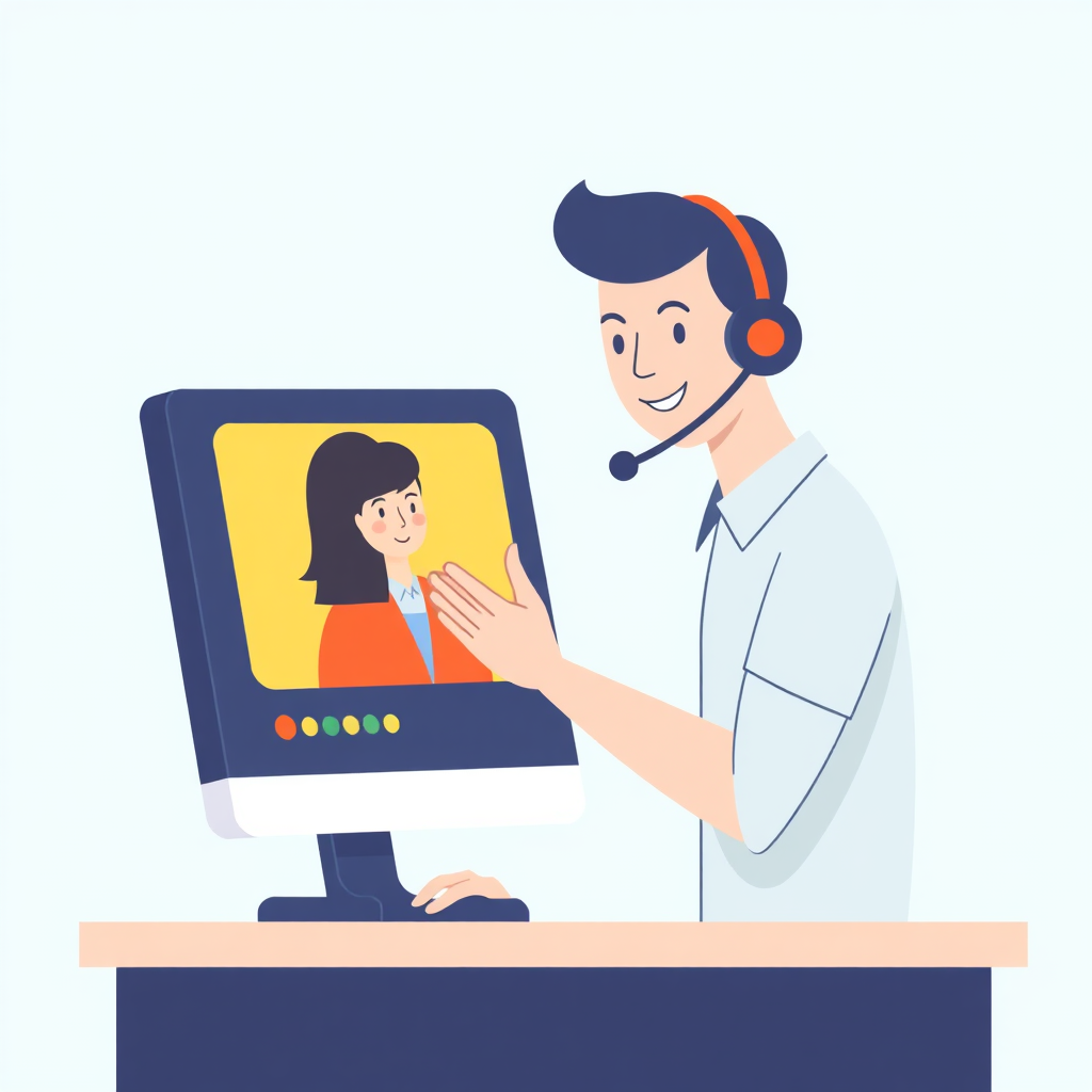 A friendly support agent assisting a customer remotely via video call, symbolizing helpful and responsive support. Use a warm and approachable visual style.