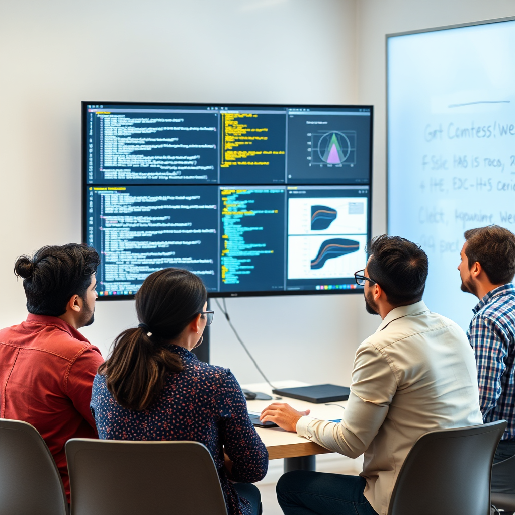 A group of diverse software engineers collaborating around a large monitor displaying complex code and diagrams. The environment is a modern, bright office with a whiteboard covered in equations and sketches. Focus on genuine interaction and collaborative problem-solving. Use a warm, inviting color palette.