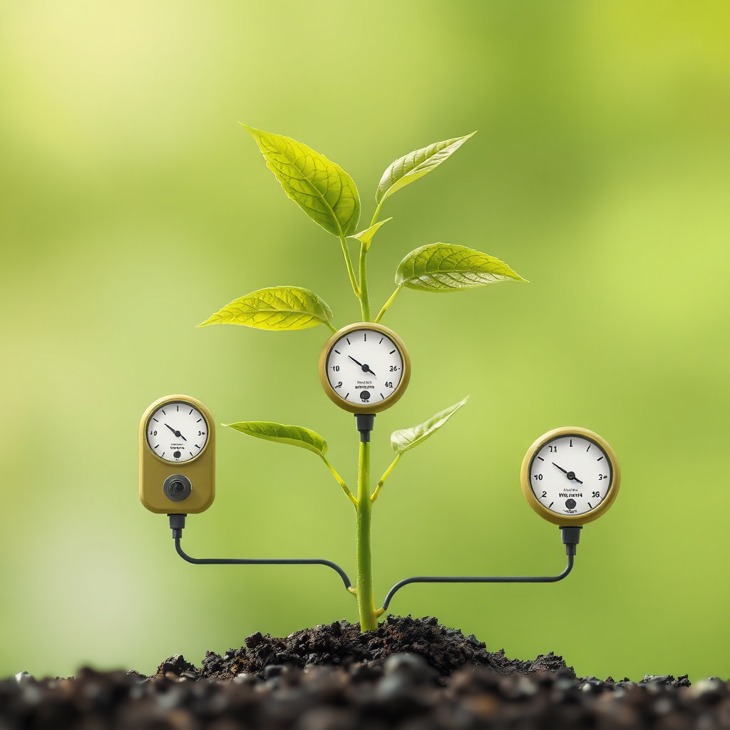 A growing plant symbolizing scalability and expansion, with interconnected energy meters representing different parts of the business. Use a natural and organic visual style.