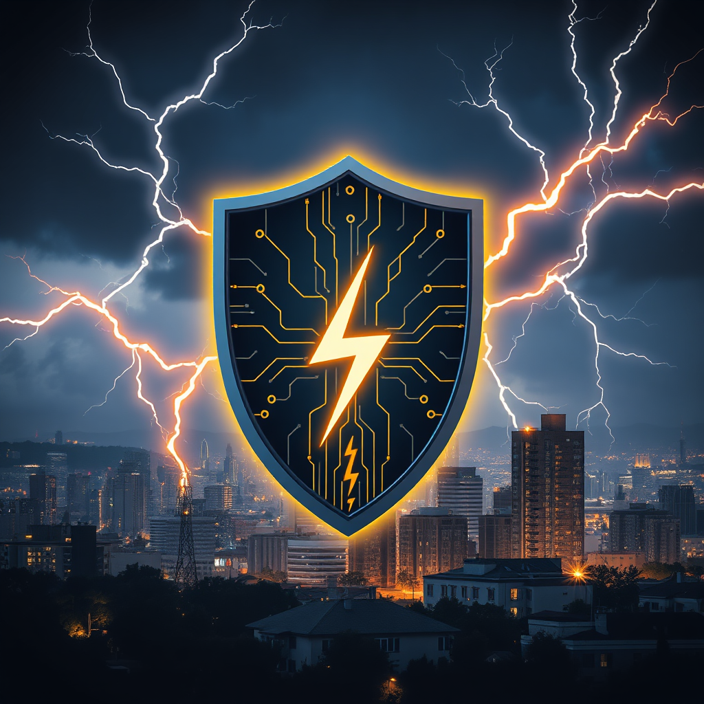 A high-quality (4K) image depicting a stylized shield protecting a cityscape from lightning strikes. The shield is made of interconnected circuits, symbolizing the voltage stabilization technology. The cityscape represents both residential and commercial buildings. The lightning strikes are vibrant and dramatic, showcasing the power of voltage surges. The color palette is a dynamic contrast of dark blues and grays for the cityscape and lightning, with bright, warm yellows and oranges highlighting the shield's protective energy. The composition is balanced, with the shield centrally positioned and the cityscape extending into the background. Style: Modern, slightly abstract, conveying a sense of security and technological prowess. Add subtle texture details to the shield and buildings to enhance realism. Focus on creating a visually compelling representation of protection and reliability.