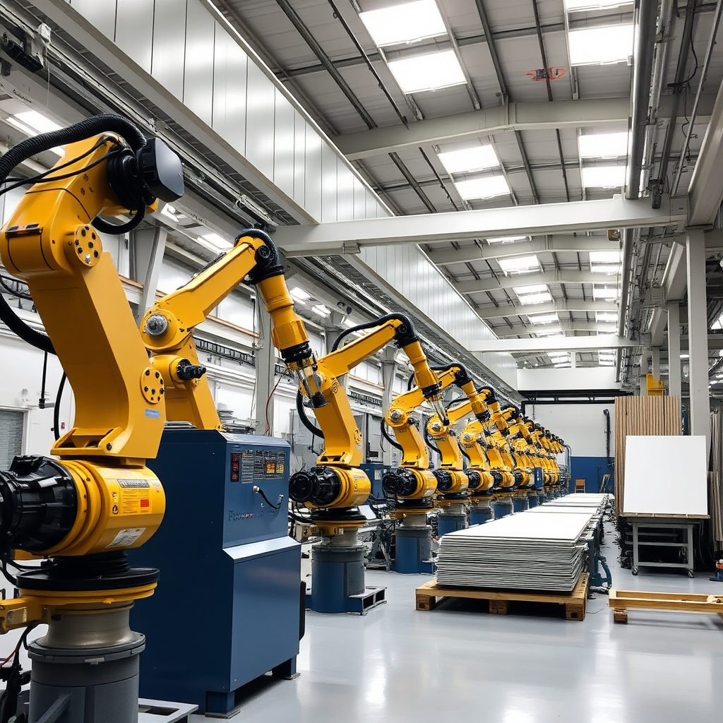 A high-tech manufacturing facility producing SIP panels, with robotic arms and precision machinery. The environment is clean and efficient.