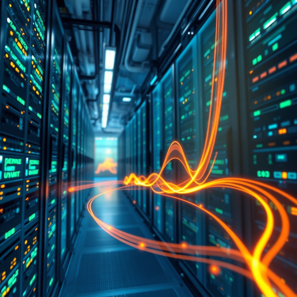 A hyperrealistic, 8K resolution image depicting a modern data center filled with glowing servers and intricate wiring. In the foreground, a holographic display shows real-time energy consumption data visualized as a dynamic, flowing river of light. The overall color palette is cool and futuristic, dominated by blues and greens, with accents of vibrant orange and yellow to highlight energy flow. The camera angle is a low-angle shot, looking up towards the holographic display, emphasizing the scale and complexity of the energy management system. The environment is clean and sterile, with a subtle ambient glow emanating from the servers. Style: blend elements of a high-tech control room with the abstract representation of energy flow, inspired by the visual style of films like 'Tron: Legacy'. Relevant props: detailed server racks, holographic displays, and glowing cables. Focus on texture and lighting to create a sense of depth and realism.