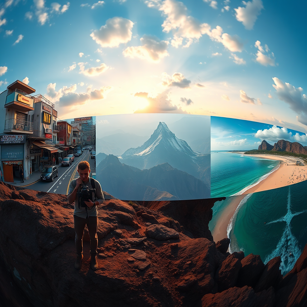 A panoramic landscape featuring diverse locations around the world. The scene shows a videographer standing in each location, filming with a camera. The locations include a bustling city street, a serene mountain peak, and a tranquil beach. The lighting is natural and dynamic, capturing the beauty of each location. The color palette is rich and varied, reflecting the diversity of the world. The style is cinematic and adventurous.