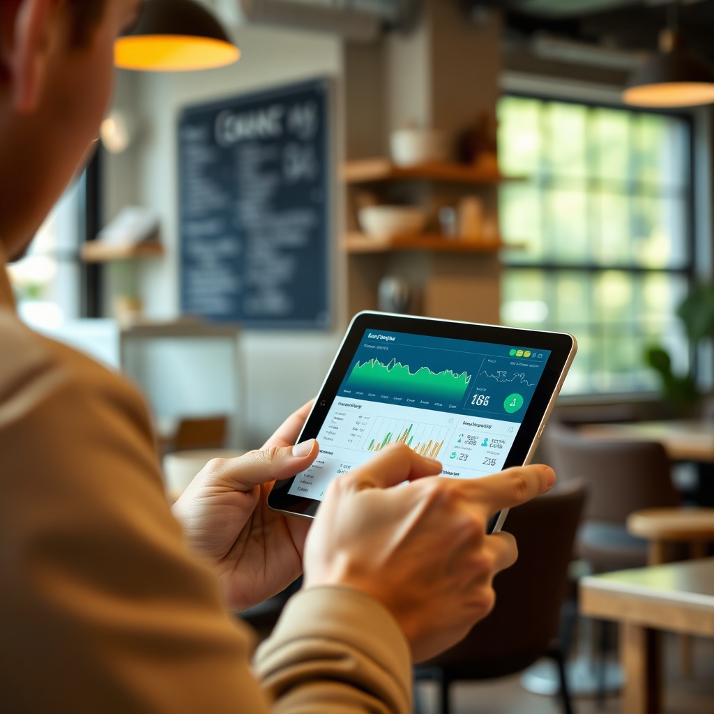 A person using a tablet to monitor energy consumption data in a coffee shop, illustrating remote access and control. Focus on a comfortable, realistic setting with natural lighting.