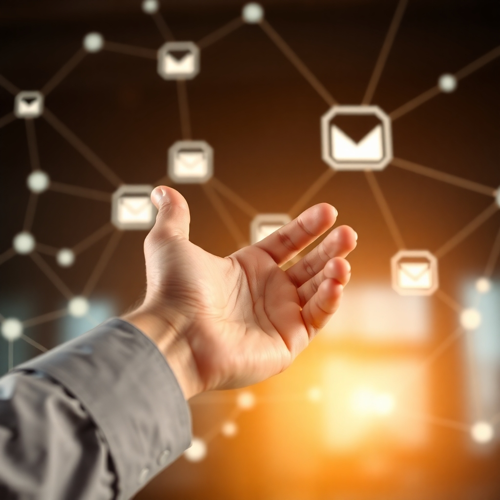 A photorealistic 8K image featuring a friendly hand extending a handshake against a backdrop of interconnected communication networks. The lighting is warm and welcoming, emphasizing the sincerity and openness of the gesture. The overall composition should communicate a sense of trust, collaboration, and partnership. Style: Modern, professional, and slightly abstract. The emphasis should be on the human connection and the ease of communication. Relevant props: Mobile phone, email icon, social media logos (subtly).