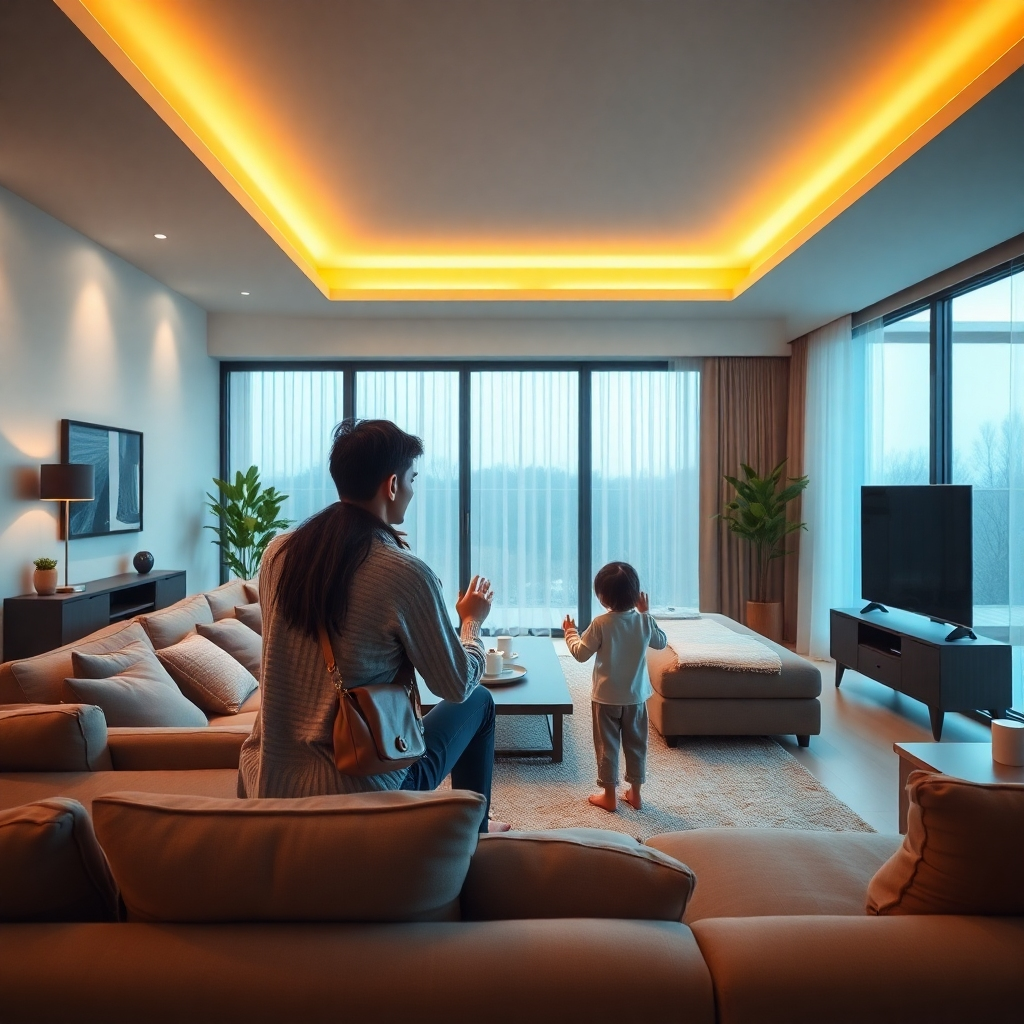 A photorealistic 8K image showcasing a modern, minimalist living room with integrated smart home technology. The scene is bathed in warm, natural light. A family is interacting with the smart home system via voice commands and touch screens. The focus is on the seamless integration of technology into daily life. The image should convey a sense of comfort, convenience, and security. Style: Modern, minimalist, and slightly futuristic. Camera angle: Eye-level shot capturing the living room from a comfortable perspective. Relevant props: Smart lighting, voice assistant devices, touch screen displays.