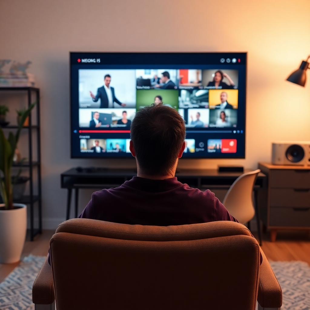 A photorealistic 8K image showing a person watching a video on a large screen. The video content on the screen should be dynamic and engaging, showcasing diverse topics like business strategy, technological innovation, and personal development. The surrounding environment should be a modern, comfortable home office setting. The lighting is soft and inviting, creating a relaxed atmosphere. The overall composition should communicate the power of visual content to inspire and educate. Style: Modern, realistic, and slightly aspirational. The emphasis should be on the quality and appeal of the video content itself. Relevant props: high-resolution display, comfortable chair, modern desk.