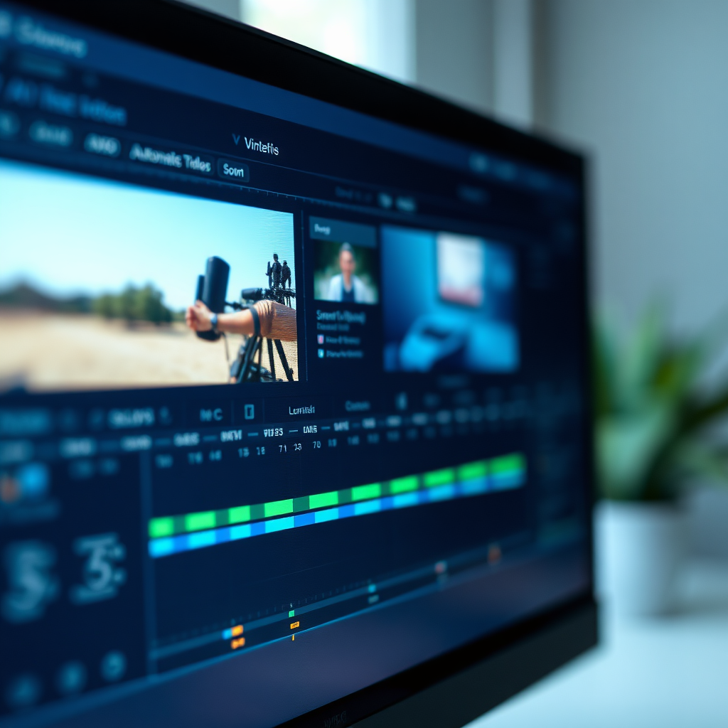  A photorealistic close-up of a computer screen displaying a video editing interface powered by AI. The interface should highlight AI-assisted features like automatic scene detection, smart object tracking, and AI-driven audio enhancement. Subtle visual cues suggest the software is learning and adapting. The color palette is a blend of cool blues and greens, emphasizing the technological aspect. The background is blurred, focusing attention on the screen. The overall impression is one of seamless integration between human creativity and artificial intelligence.
