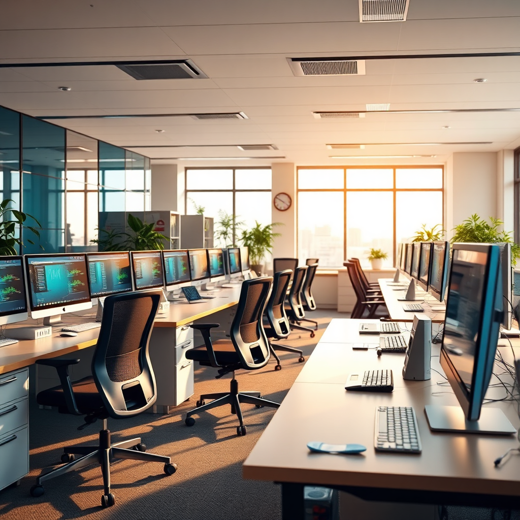 A photorealistic image depicting a modern office setting. Computers and other electronics are operating smoothly. The scene should convey a sense of productivity and efficiency. Soft, natural lighting enhances the ambiance. The color palette is warm and inviting, with accents of blue and green. The camera angle is wide, capturing the entire office space. Style: Clean, professional, and optimistic. Props include ergonomic chairs, sleek desks, and advanced technology. The environment is a comfortable and well-organized workspace. Focus on conveying a sense of reliability and performance.
