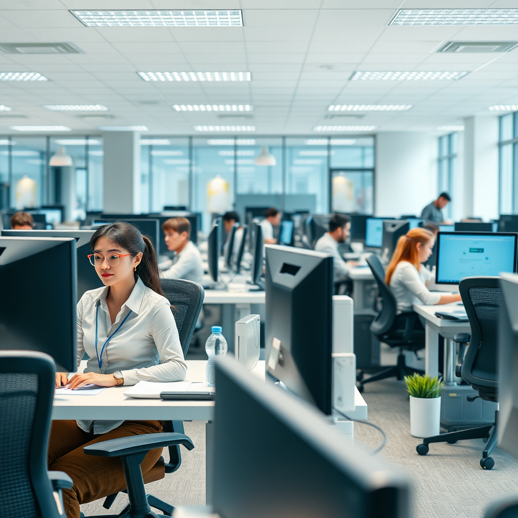 A photorealistic image of a busy office environment. Employees are working efficiently on computers. The scene is productive and professional. The lighting is bright and clear. The color palette is professional and efficient. The camera angle is wide, capturing the entire office space. Style: Efficient, professional, and reliable. Props include computers, office equipment, and ergonomic furniture. The environment is a clean and well-organized office. Focus on conveying a sense of productivity and success.