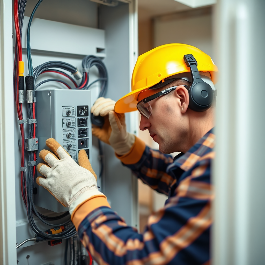 A photorealistic image of a certified electrician carefully installing a voltage stabilizer in a home electrical panel. The electrician is wearing safety gear. The electrical panel is neat and organized. The lighting is bright and clear. The color palette is professional, with blues, grays, and yellows. The camera angle is close-up, focusing on the installation process. Style: Professional, technical, and safe. Props include safety glasses, insulated gloves, and specialized tools. The environment is a clean and well-maintained home electrical panel. Focus on conveying competence and precision.