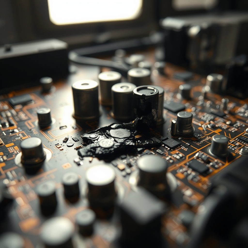 A photorealistic image of a circuit board with several components visibly damaged (burnt, cracked). Focus on the detail of the damage. The image should convey the fragility of electronic components and the potential for failure due to voltage surges. Lighting is harsh and unforgiving, highlighting the damage. The color palette is dominated by browns, blacks, and grays. The camera angle is close-up, emphasizing the intricate details of the circuit board. Style: Realistic, slightly dramatic. The environment is a sterile laboratory setting. The overall tone is cautionary, illustrating the consequences of unprotected electronics.