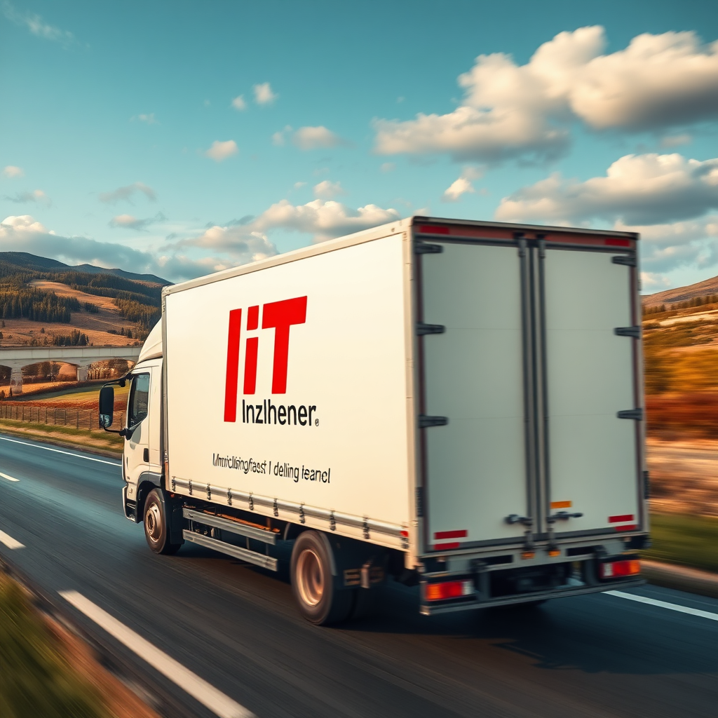 A photorealistic image of a delivery truck with the IT Inzhener logo on its side, driving through a scenic Russian landscape. The scene is dynamic and focused on speed and reliability.