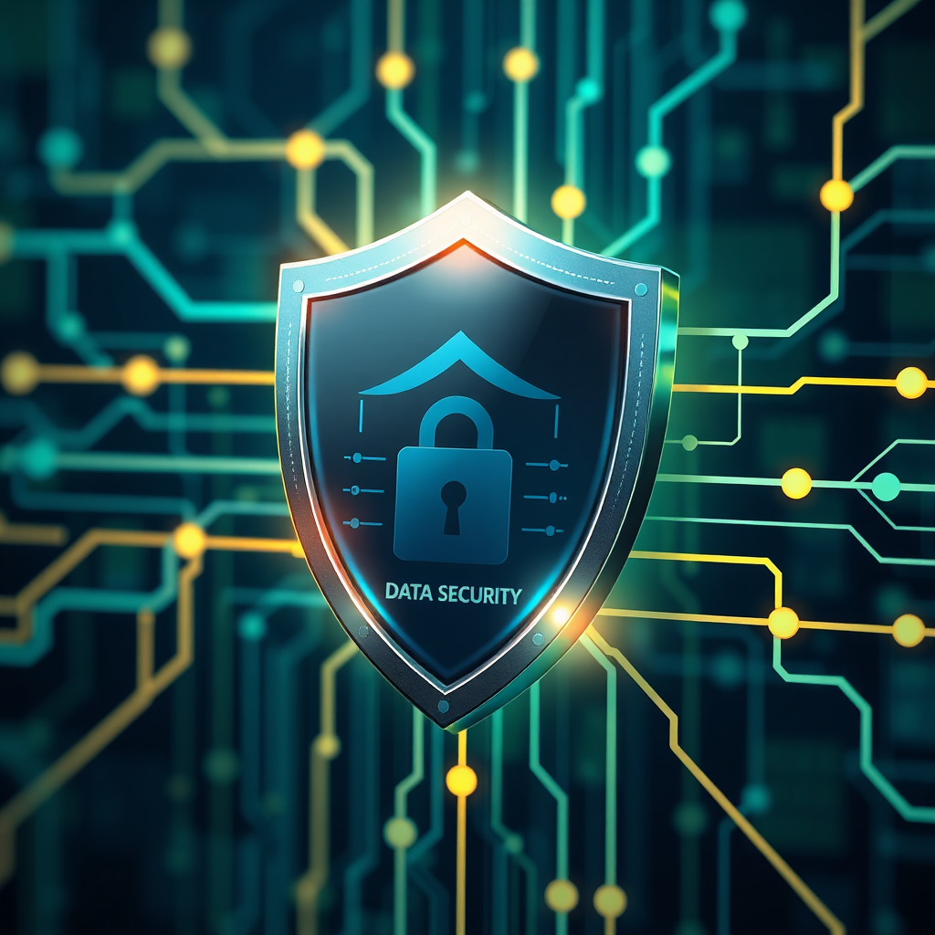 A photorealistic image of a digital shield protecting data flowing through a network, symbolizing data security and privacy. The color palette is predominantly blue and green, with accents of gold and white. The image is modern and professional, with a focus on security and trust.
